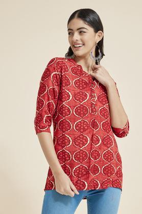 printed rayon v neck women's casual wear tunic - red