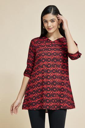 printed rayon v neck women's casual wear tunic - rust