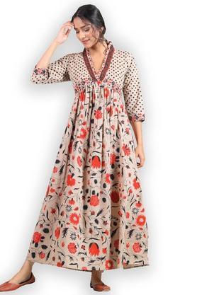 printed rayon v neck women's ethnic dress - natural