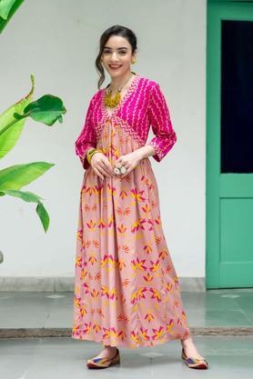 printed rayon v neck women's ethnic dress - pink