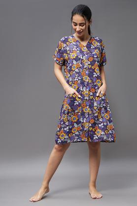 printed rayon v neck women's knee length dress - purple