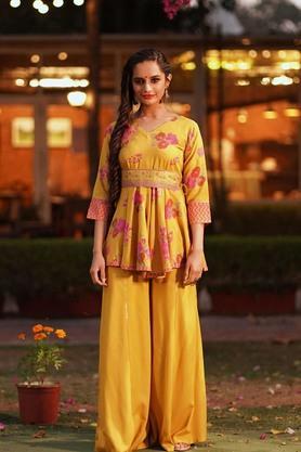 printed rayon v neck women's kurta sharara set - yellow