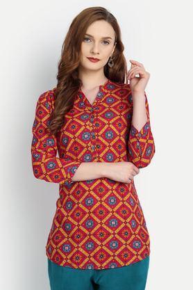 printed rayon v-neck women's tunic - red