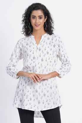printed rayon v-neck women's tunic - white