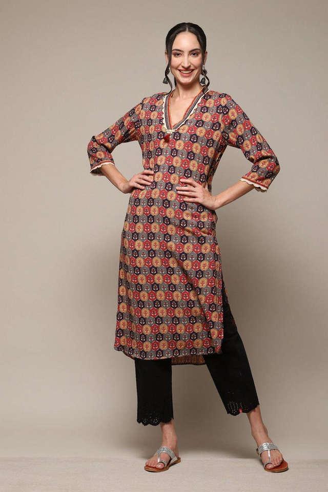 printed rayon v neck womens casual wear kurta