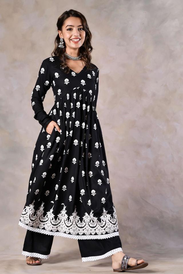 printed rayon v neck womens kurta pant set