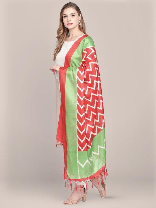 printed red & green art silk dupatta