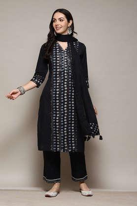 printed regular blended woven women's kurta palazzo dupatta set - black