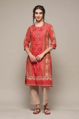 printed regular blended woven women's kurta palazzo dupatta set - coral