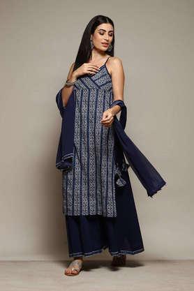 printed regular blended woven women's kurta sharara set - indigo