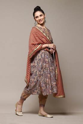 printed regular blended woven women's salwar kurta dupatta set - natural