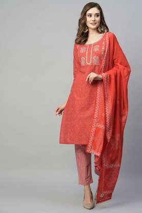 printed regular cotton knit women's kurta pant dupatta set - red