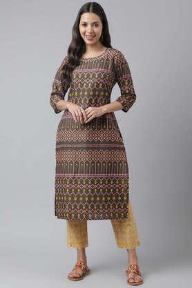 printed regular cotton knit women's kurta pant set - brown
