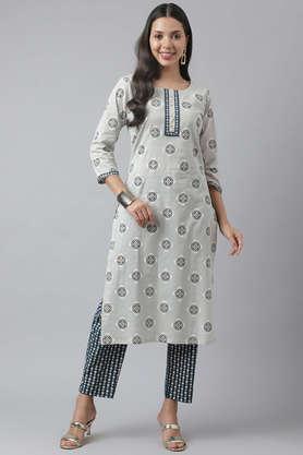 printed regular cotton knit women's kurta pant set - grey