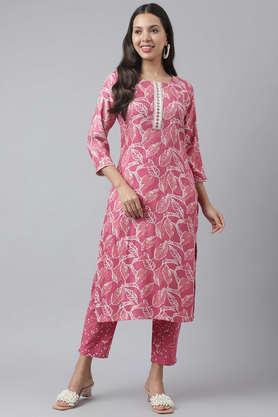 printed regular cotton knit women's kurta pant set - pink