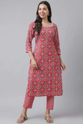 printed regular cotton knit women's kurta pant set - red