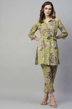 printed regular cotton knit women's top and trouser set - green