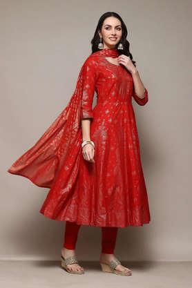 printed regular cotton woven women's kurta churidar dupatta set - red