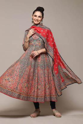 printed regular cotton woven women's salwar kurta dupatta set - blue