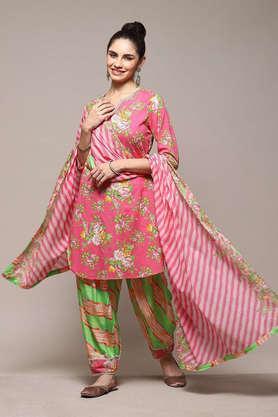 printed regular cotton woven women's salwar kurta dupatta set - pink