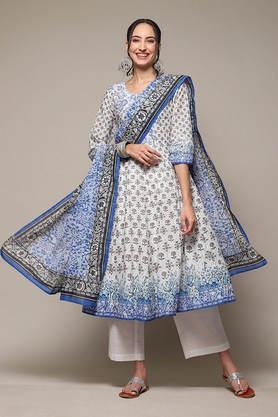 printed regular cotton woven women's salwar kurta dupatta set - white