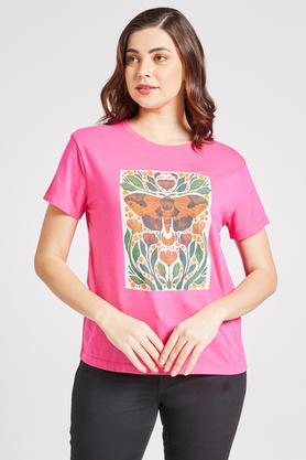 printed regular fit blended women's casual wear top - fuchsia