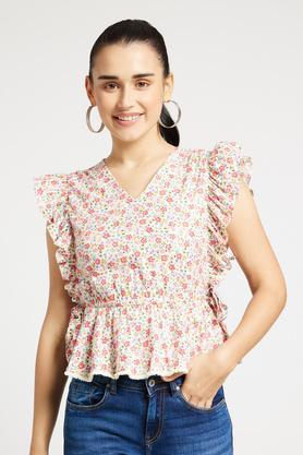 printed regular fit cotton blend women's casual wear top - multi