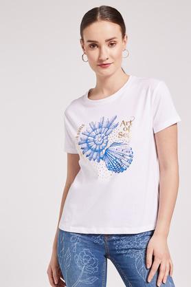 printed regular fit cotton blend women's casual wear top - white
