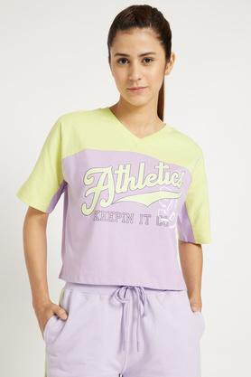 printed regular fit cotton women's active wear t-shirt - lilac