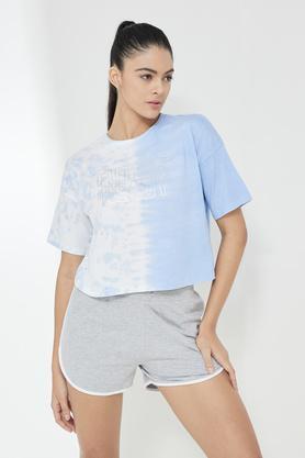 printed regular fit cotton women's active wear t-shirt - powder blue