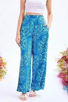 printed regular fit cotton women's active wear trousers - blue
