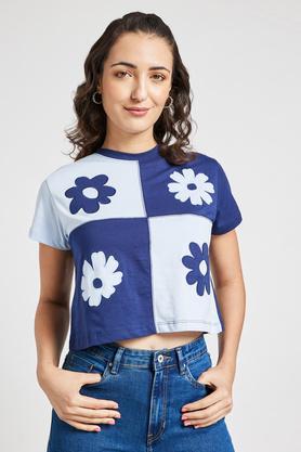 printed regular fit cotton women's casual wear top - navy