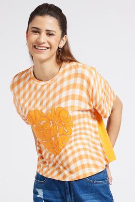 printed regular fit cotton women's casual wear top - orange