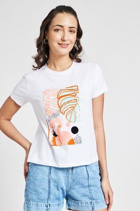 printed regular fit cotton women's casual wear top - white