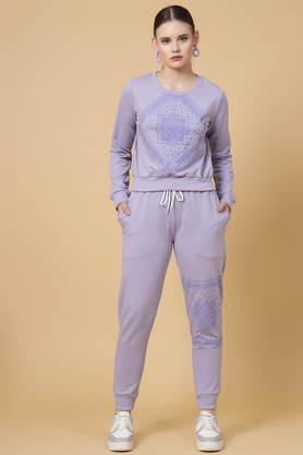 printed regular fit cotton women's winter wear tracksuit - purple