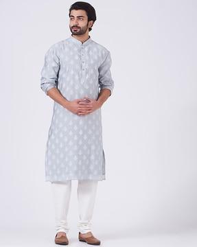 printed regular fit kurta with churidar pants & nehru jacket