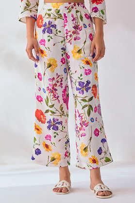 printed regular fit linen women's active wear trousers - white