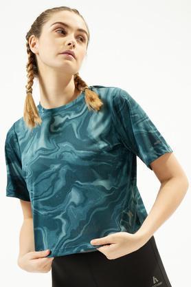 printed regular fit polyester women's active wear t-shirt - blue