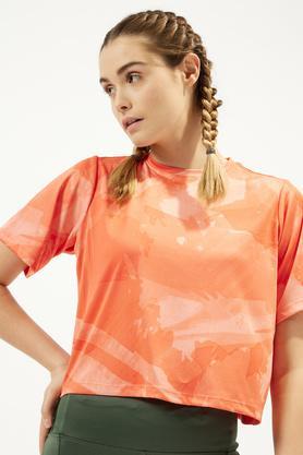 printed regular fit polyester women's active wear t-shirt - orange
