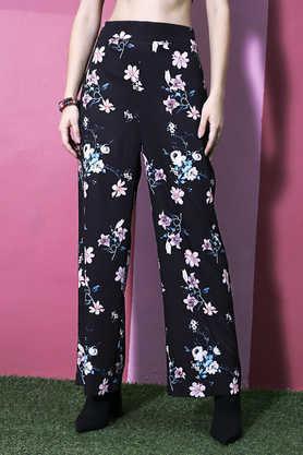 printed regular fit polyester women's casual wear trouser - black