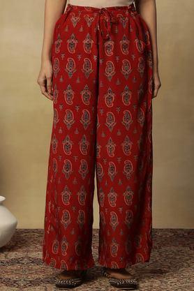 printed regular fit viscose women's festive wear pants - red