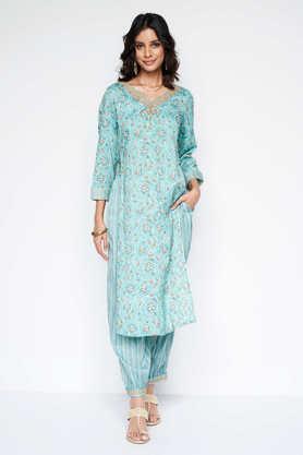 printed regular fit viscose woven women's kurta set - aqua