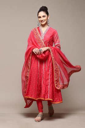 printed regular poly cotton woven women's salwar kurta dupatta set - pink
