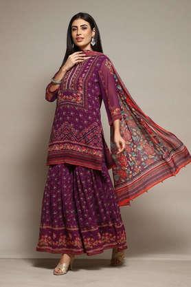 printed regular polyester woven women's kurta garara set - purple