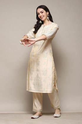 printed regular polyester woven women's kurta palazzo set - off_white