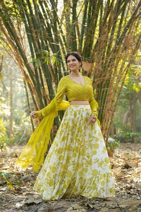 printed regular rayon blend woven women's lehenga choli set - yellow