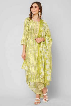 printed regular rayon knit women's kurta pant set - lime green