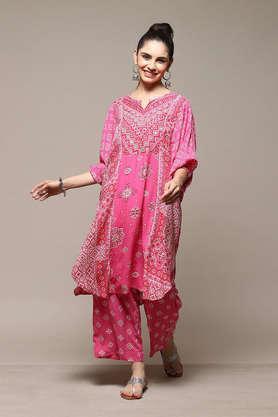 printed regular rayon woven women's kurta palazzo set - fuschia