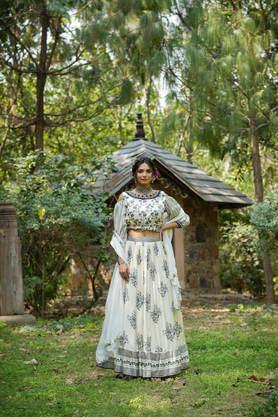 printed regular satin woven women's lehenga choli set - off white