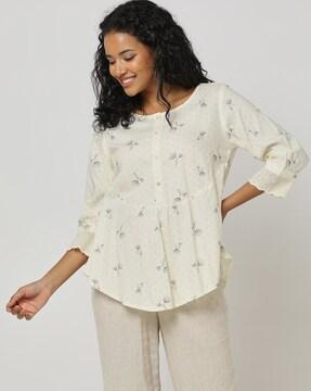 printed relaxed fit top with lace detail